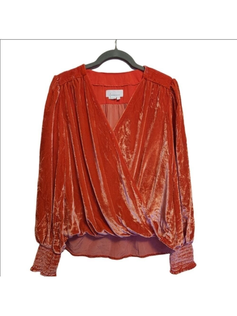 ANTHROPOLOGIE LONG SLEEVE FAUX WRAP CORAL SURPLICE VELVET BLOUSE TOP SIZE SMALL - Picture 2 of 7